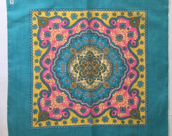 Kreier 100% Cotton Handkerchief - Beautiful Design in Turquoise, Pink and Yellow - New and Unused From Vintage 1970 Stock