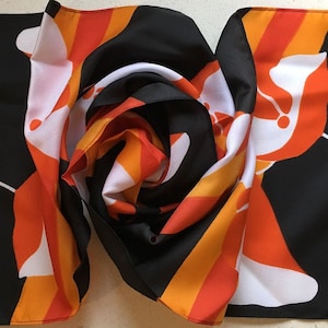 Long Floral Retro Scarf in Black Oranges Yellow and White from France - New Unused and Perfect From 1970s Stock