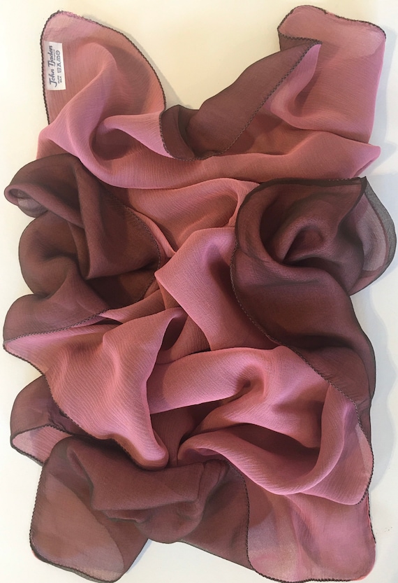 CORAL and DARK BROWN Rare 100% Silk Chiffon Scarf 