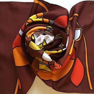 Long Retro Floral Scarf in Reddish Brown Orange Yellow and White from France - Unused and Perfect From 1970s Stock