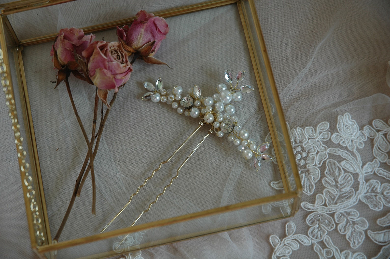 Bridal Hair Ornament Crystal Barrette Gold Pearl Veil Clip Etsy