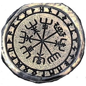 May include: A circular, antique-style pendant featuring a central eight-pointed design with intricate symbols. The pendant has a textured, metallic appearance with a dark border and a light-colored center, evoking a vintage aesthetic.