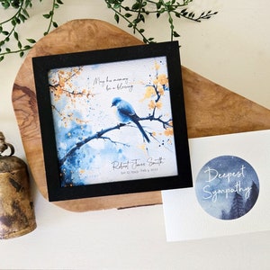 Personalizable Blue Bird Memorial Painting (5.75") & Personalized Card, Optional Chime