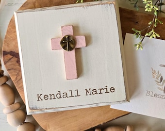 Baptism / Communion: Personalized 5.5" Distressed Wood Plaque w/Raised Wooden Cross & Card, Optional Chime
