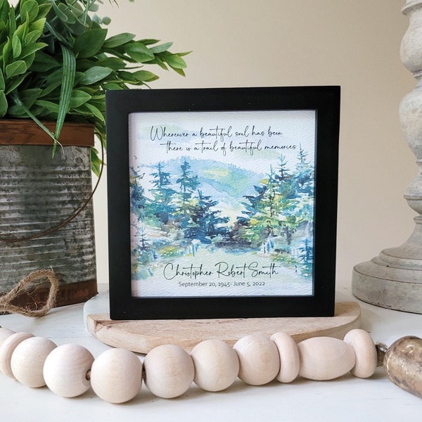 PERSONALIZED MOUNTAIN  MEMORIAL watercolor, sympathy gift for loss of father grandfather brother, a trail of beautiful memories, 5.5" framed