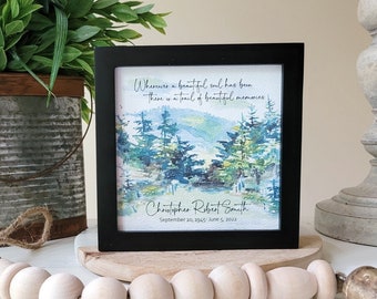 PERSONALIZED MOUNTAIN  MEMORIAL watercolor, sympathy gift for loss of father grandfather brother, a trail of beautiful memories, 5.5" framed