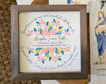 Personalized Confirmation / Communion Art - Female Saints:  5.75"framed Painting, Gift Card, Optional Bookmark & Necklace