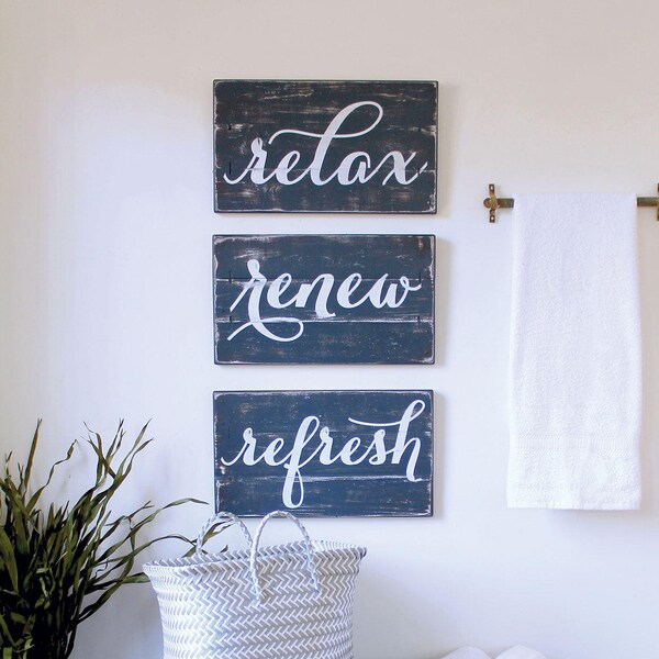 RUSTIC BATHROOM DECOR, 3 pc set, farmhouse bathroom, wood relax sign, refresh sign, renew sign, rustic bathroom signs, fixer upper style