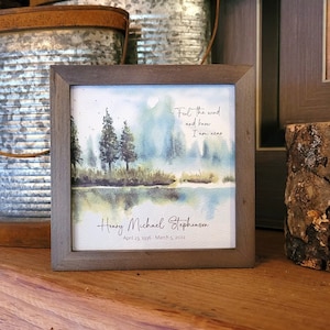 Personalizable Lake Memorial Watercolor Painting 5.5" Framed, Personalized Card and Optional Bell Chime