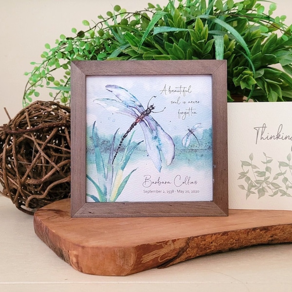PERSONALIZED DRAGONFLY painting sympathy gift, 5.5" framed, memorial for loss of mother father grandparent, a beautiful soul never forgotten