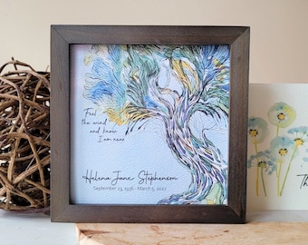 PERSONALIZED memorial watercolor painting, modern contemporary tree of life sympathy gift, feel the wind and know I am near, 5.5" framed