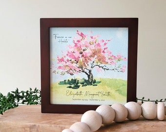 PERSONALIZED CHERRY BLOSSOM watercolor painting sympathy gift, memorial loss of mother grandmother sister, forever in our hearts, 5.5"framed