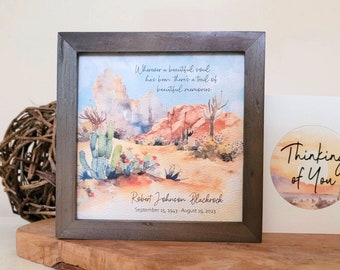 MEMORIAL SOUTHWEST landscape watercolor painting, desert red rock mountains, cactus, mountain sympathy gift, loss of loved one, 5.5" framed