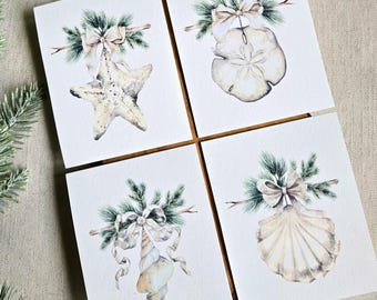 Coastal / Beach Sea Shell Christmas Cards (8pcs.), Optional Saying & Signature Inside Cards, 5.5x4.25"