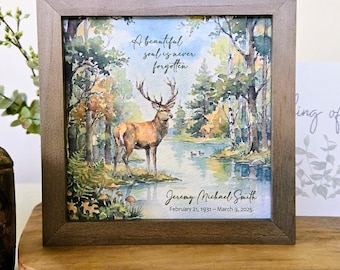 Personalizable Outdoorsman / Hunting Memorial Painting (5.75"Framed) & Card, Optional Bell Chime, Sympathy Gift