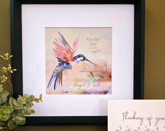 Personalizable Hummingbird Memorial Art (11" Framed) & Card, Optional Chime