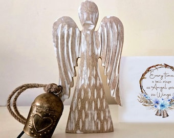 Memorial Angel Figurine Gift Set: Wood Angel, Bell Chime & Personalized Card