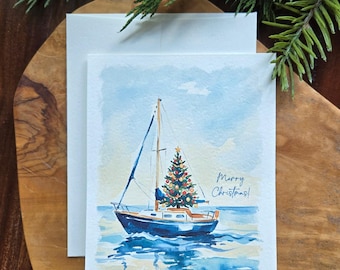 Sailboat Christmas Cards (8pcs.) with envelopes, Optional Saying & Signature Inside Cards, 5.5x4.25"