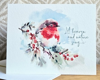 Winter Bird Christmas Cards Set of 8 - Optional Saying / Signature Inside Cards, 5.5x4.25"