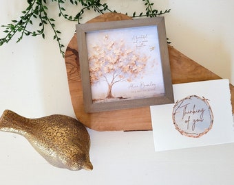 GOLD TREE Sympathy painting + personalized gift card + metallic gold bird, loss of loved one, a beautiful soul never forgotten, 5.5" framed