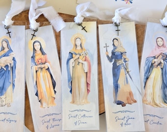 Personalizable Female Patron Saints Watercolor Bookmark & Gift Card, Optional Wording on Back