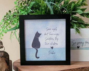 CAT MEMORIAL GIFT, Personalized loss of cat sympathy gift for pet: framed 5.5" painting + gift card + optional chime