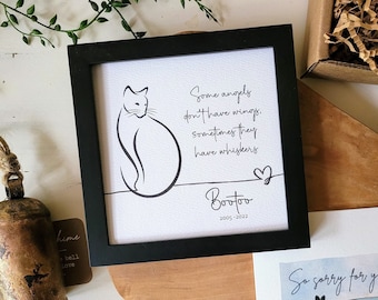 CAT MEMORIAL GIFT, Personalized loss of cat sympathy gift for pet: framed 5.5" painting + gift card + optional chime