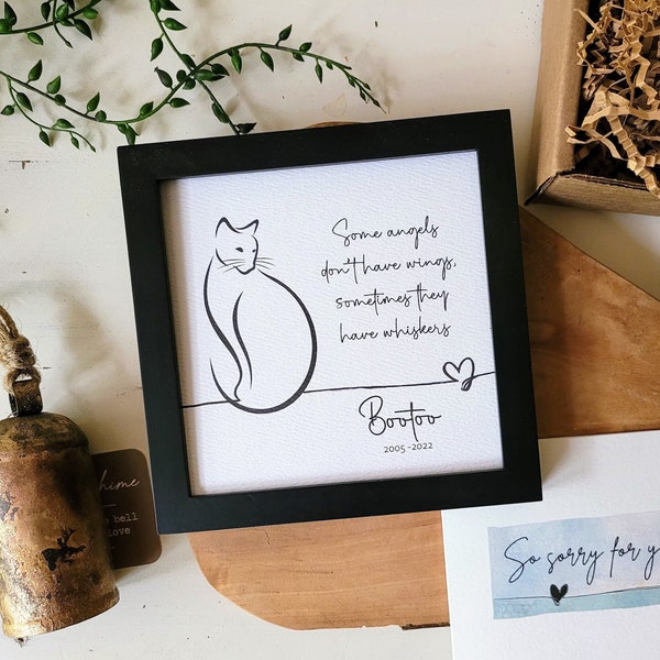 CAT MEMORIAL GIFT, Personalized loss of cat sympathy gift for pet: framed 5.5" painting + gift card + optional chime