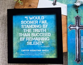 Personalized Confirmation/Communion Saint Quotes Painting (5.75"framed) + Gift Card, Optional Bell or Bookmark