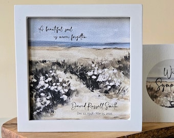Personalized Beach Watercolor Sympathy Gift: Coastal Memorial Art (5.75") & Card, Optional Bell Chime