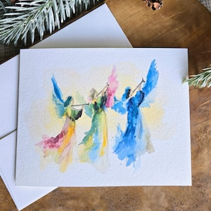 Set of 8 Contemporary Angels Christmas Cards, Optional Saying & Signature Inside Card, 5.5x4.25