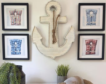 Nautical Beach/Lake Gallery Wall Decor: 24x18" Metal Anchor & 4 Life Jacket Framed Prints
