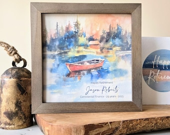 Personalized Lake Retirement Painting (5.75") and Coordinating Gift Card, optional bell