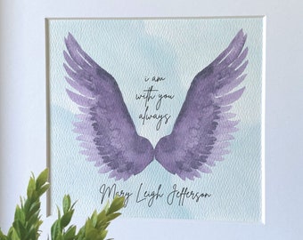 PURPLE ANGEL WINGS, personalized painting sympathy gift, memorial loss of mother grandmother sister, I am with you always, 5x5",10x10" frame