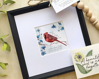 CARDINAL MEMORIAL GIFT set, Cardinals appear when angels are near, personalized sympathy bereavement art, framed 5x5" print in 10x10" frame