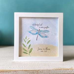 PERSONALIZED DRAGONFLY painting sympathy gift, 5.5&quot; framed, memorial for loss of mother father grandparent, a beautiful soul never forgotten