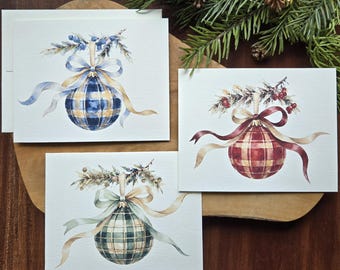 Plaid Ornament Christmas Card Set of 6, Optional Saying & Signature Inside Card, 5.5 x 4.25"