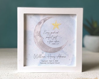Personalizable Baptism / Dedication Moon & Stars Painting (5.75" Framed), Personalized Card, Optional Chime