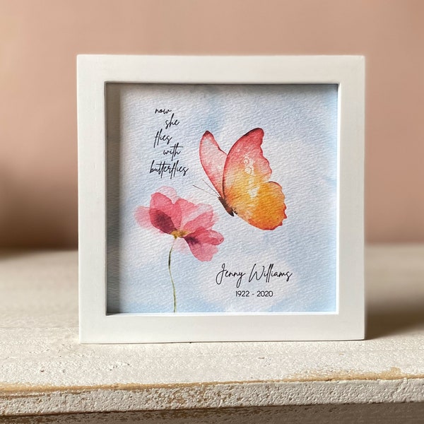 PERSONALIZED BUTTERFLY painting sympathy gift, 5.5" framed, memorial for loss of mother grandmother sister, now she flies with butterflies