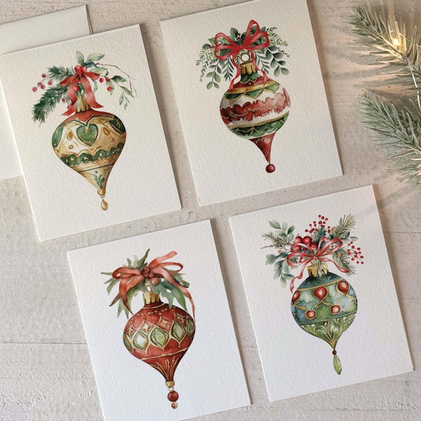 Holiday Ornament Christmas Cards (8pcs.) with envelopes, Optional Saying & Signature Inside Cards, 5.5x4.25"