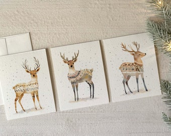Boho Reindeer Christmas Card Set of 6, Optional Saying & Signature Inside card, 5.5x4.25"