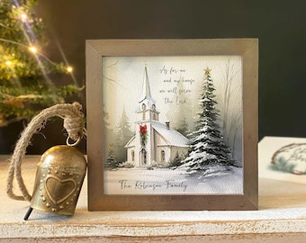3 pc. CHRISTMAS GIFT SET, personalized Winter Church  painting +bell ornament +gift card, Christian Religious Gift, As for me and my house