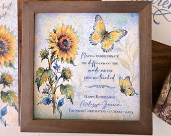 Personalizable Sunflower Retirement Painting (5.75" Framed) & Coordinating Card, Optional Chime and/or Bookmark