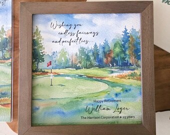 Personalizable Golf Retirement Painting (5.75") and Coordinating Gift Card, Optional Bell and/or Bookmark