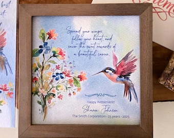Personalizable Hummingbird Retirement Painting (5.75" Framed) & Coordinating Card, Optional Chime and/or Bookmark