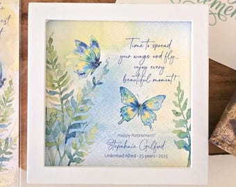 Personalizable Butterfly Retirement Painting (5.75" Framed) & Coordinating Card, Optional Chime and/or Bookmark