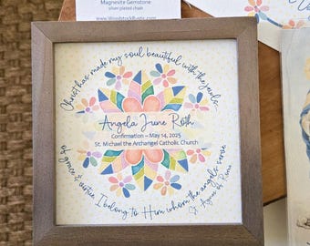Personalized Communion / Confirmation Art: Female Saint Sayings (5.75"framed) + Card, Optional Bookmark or Necklace
