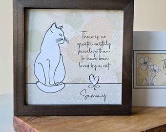 Personalized Memorial Cat Loss Gift: 5.75" Framed Art + Gift Card, Optional Bell Chime