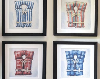 Nautical Beach/Lake Gallery Wall Decor: 1-4 Life Jacket Framed Prints