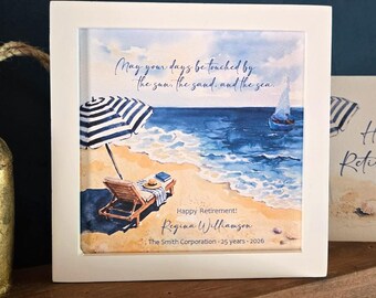 Personalizable Beach Retirement Painting (5.75" Framed) & Coordinating Card, Optional Chime and/or Bookmark